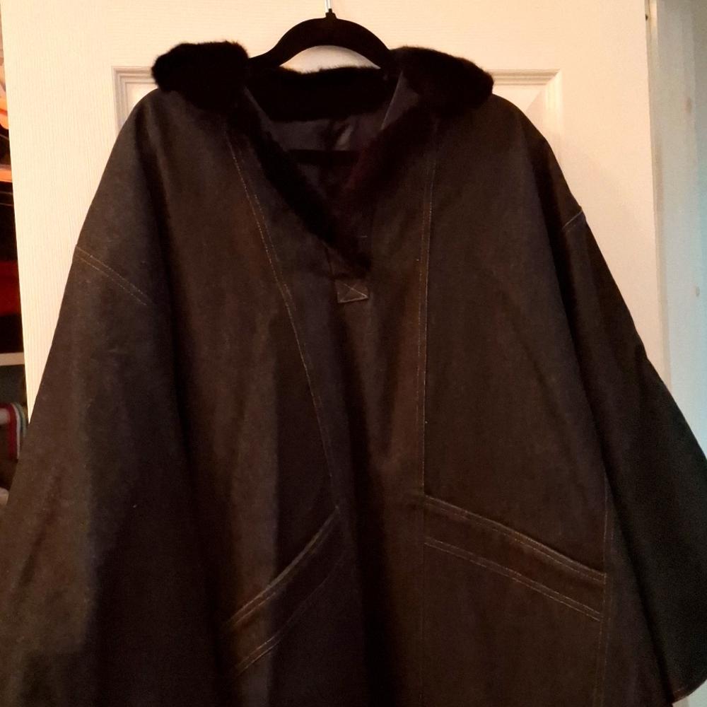 Vintage silk lined real mink fur collar Thick denim Poncho